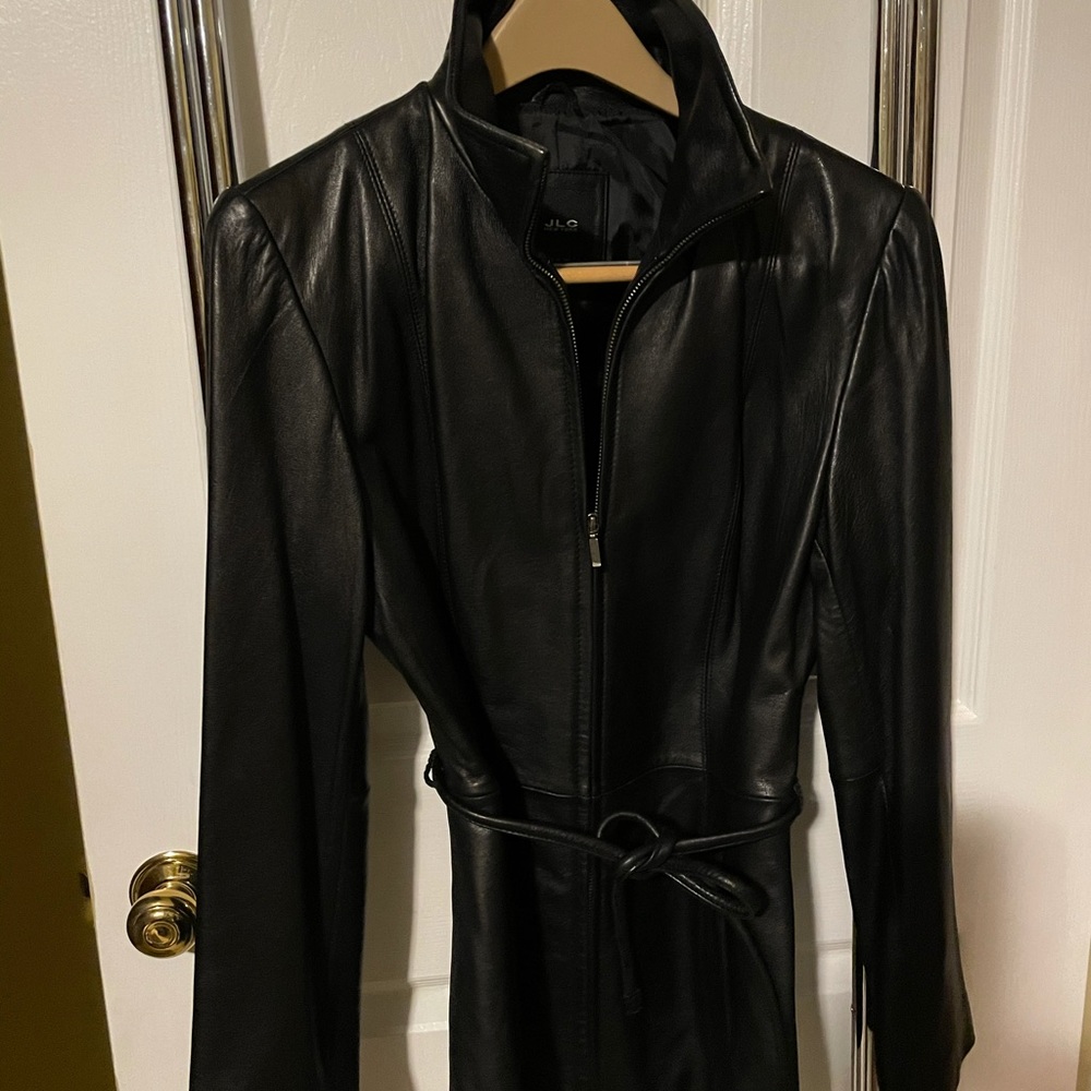 Leather Coat/Jacket with Tie Belt, Size Small, JLC New York